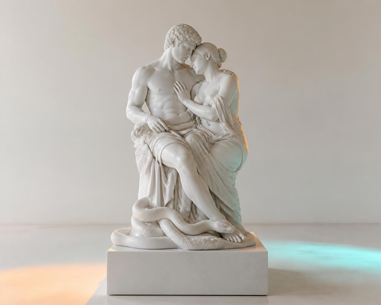 Weiße Marmorskulptur eines zugewandten Paares auf einem Museums-Podest