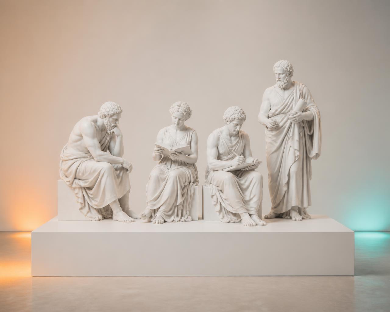 Weiße Marmorskulpturengruppe: Denker, Leser und schreibende Figuren auf einem Museums-Podest